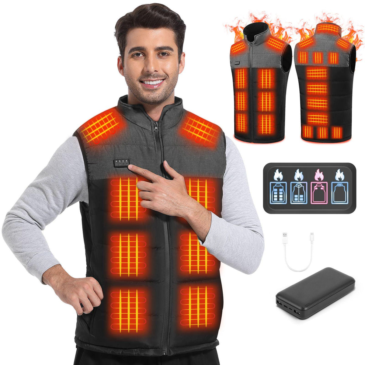 Heated Gilet, 21 Heating Zones, 20000mAh Power Bank Included, Grey, M