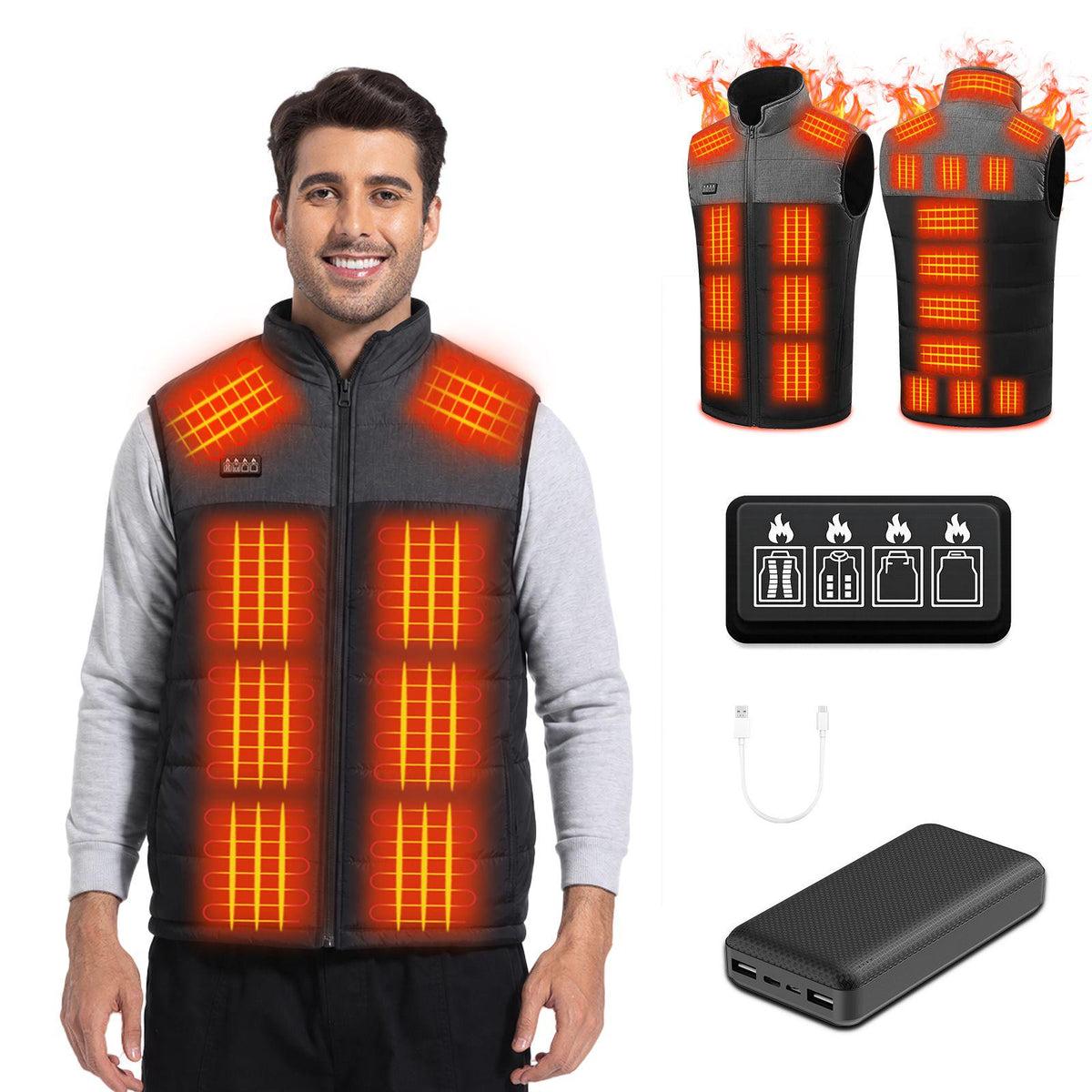 Heated Gilet with 21 Heating Zones and 20000mAh Power Bank, Black/Grey, XL